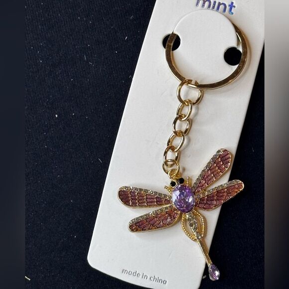 Mint BAG CHARM Sparkly Dragonfly Purple Crystal Keychain/Purse Charm - Picture 3 of 14